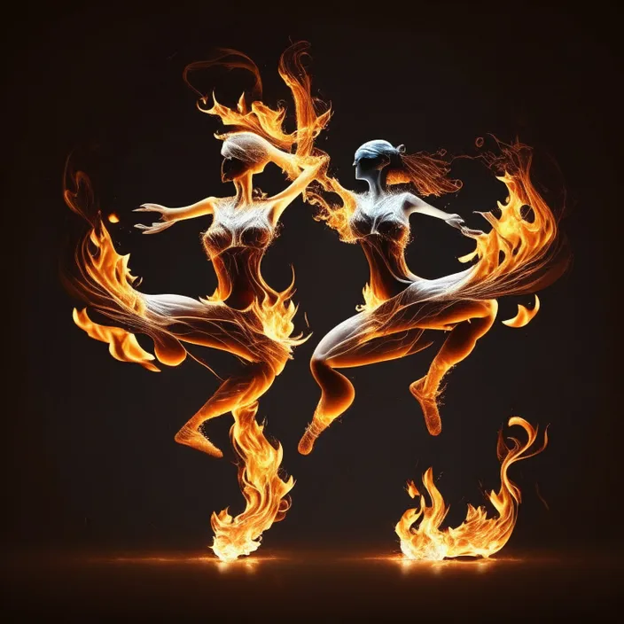 two women dancing in flames on a black background. two women  dancing in flames on a black background