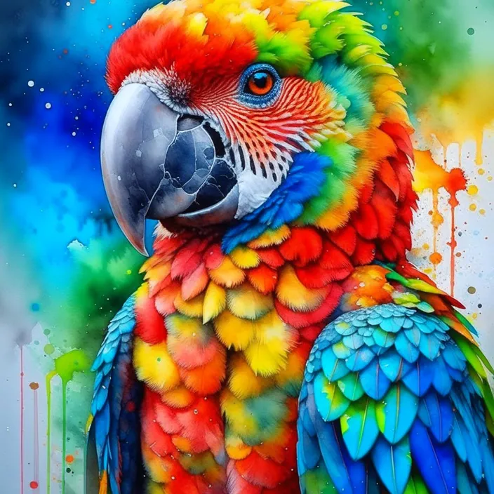 a painting of a colorful parrot on a white background