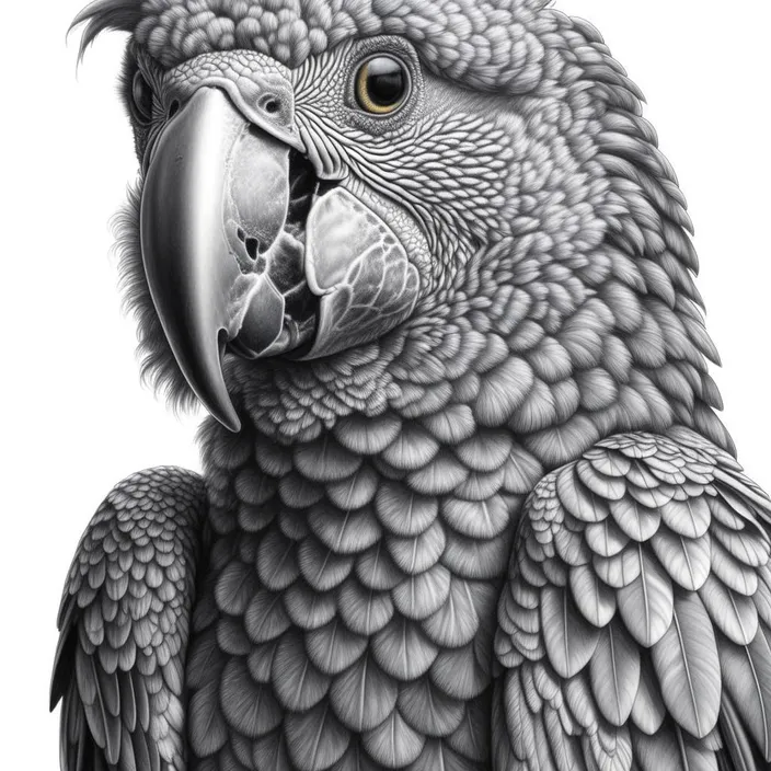 a black and white drawing of a parrot