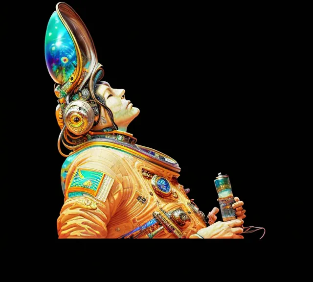 a man in a space suit holding a can of soda