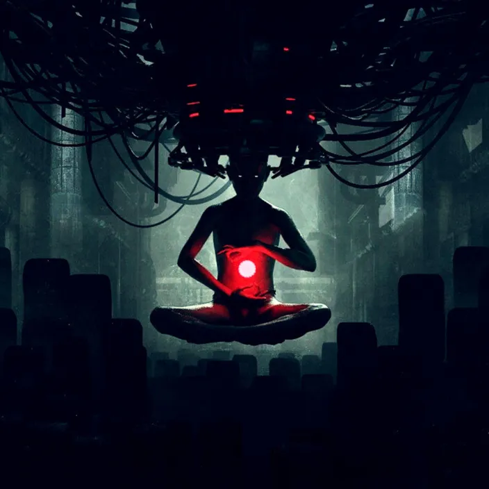 a person sitting in the middle of a dark room