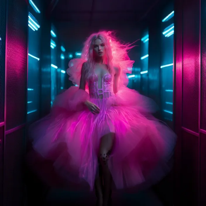 a woman with glowing pink hair and dress standing in a hallway, hair and dress blowing in the magical breeze