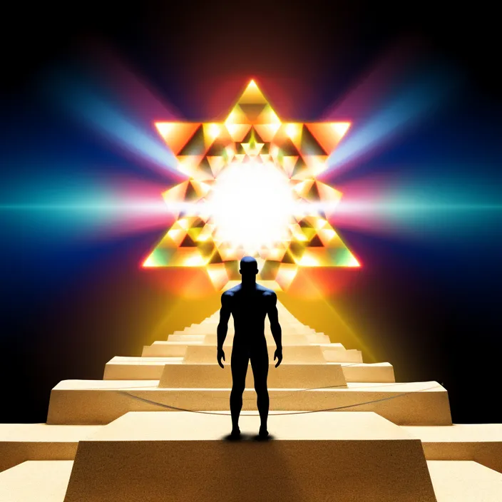 a man standing in front of a star of light evolves into a higher state of evolution