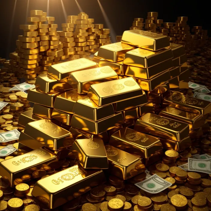 a pile of gold bars sitting on top of a pile of money