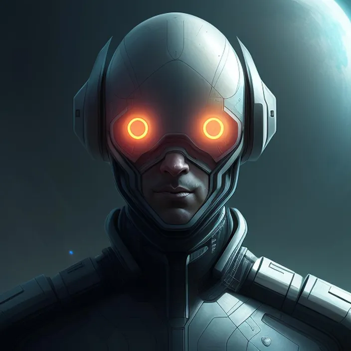 a man in a futuristic suit with glowing eyes