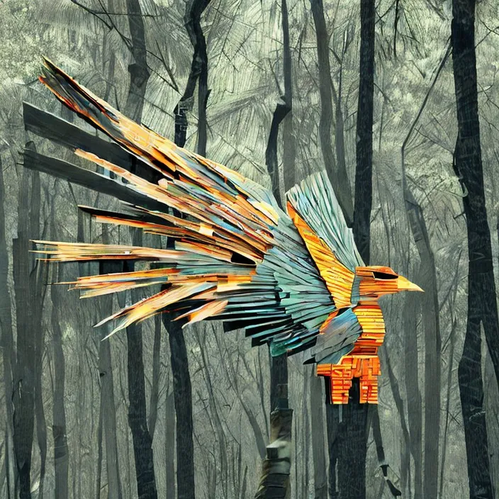 a bird made out of wooden sticks in a forest