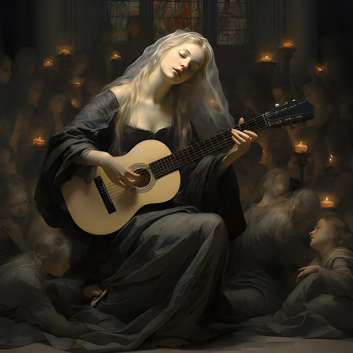 a painting of a woman playing a guitar. as the woman strums the guitar, the spirits around her begin to dance. her hair blows beautifully in the wind as she plays the guitar