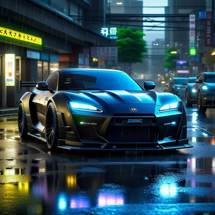 a blue sports car driving down a rain soaked street