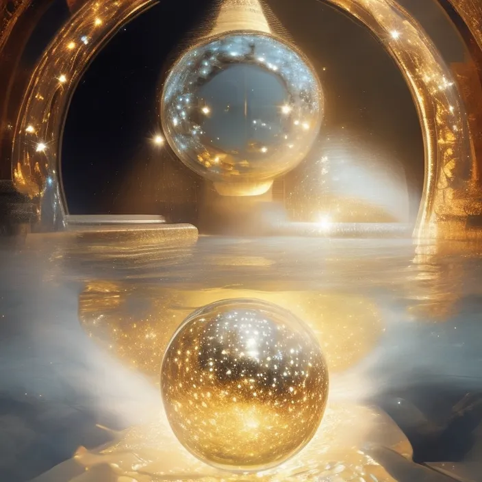 two shiny balls floating in the air next to each other