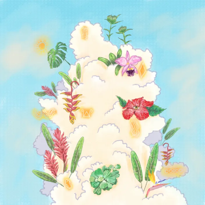 a painting of flowers and clouds in the sky