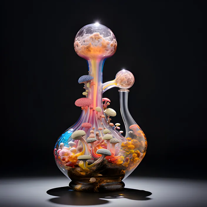 a glass vase filled with lots of different colored items. inside the vase is a universe of planets and mushrooms interpolating in psychedelic motion