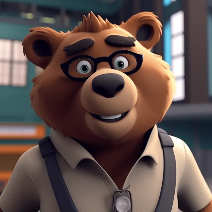 a brown bear wearing glasses and a brown shirt