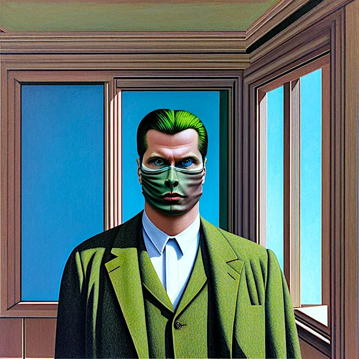 a painting of a man in a suit with a green mask