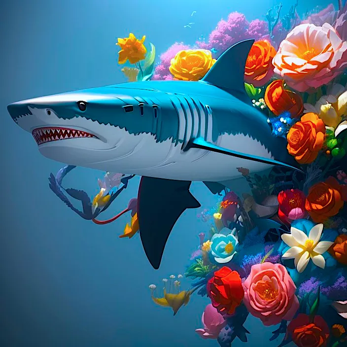 a painting of a shark surrounded by flowers