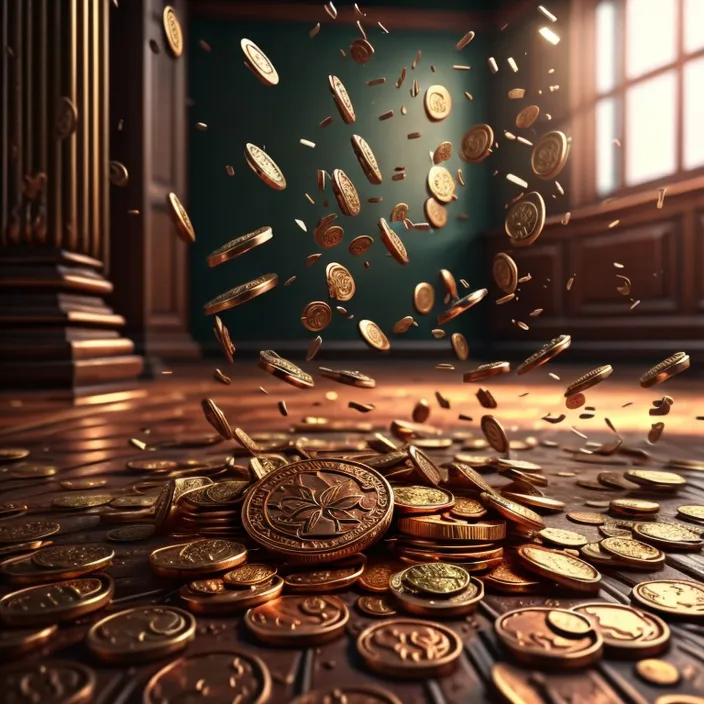 a pile of gold coins on top of a wooden floor