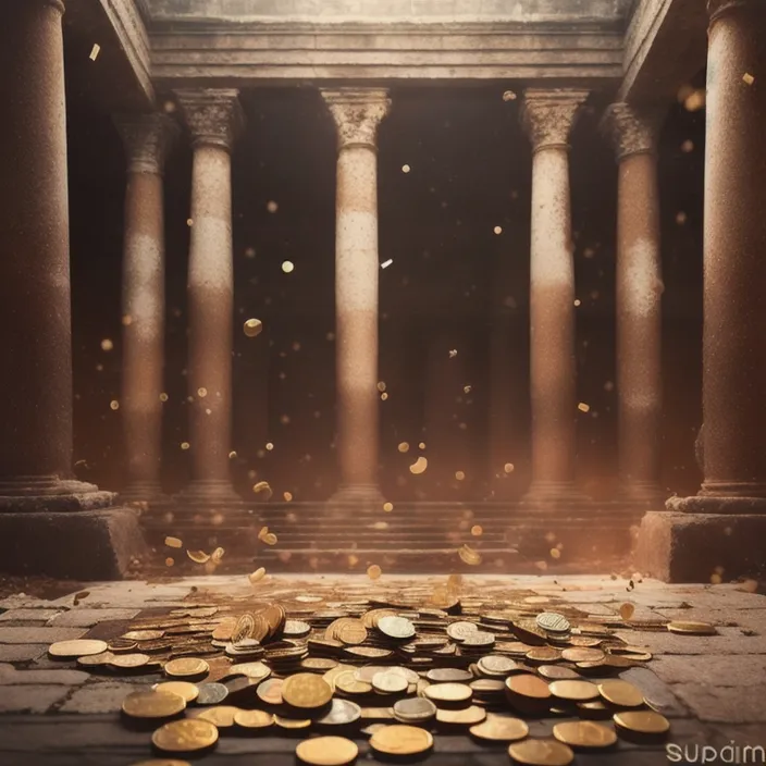 a pile of gold coins sitting on top of a floor