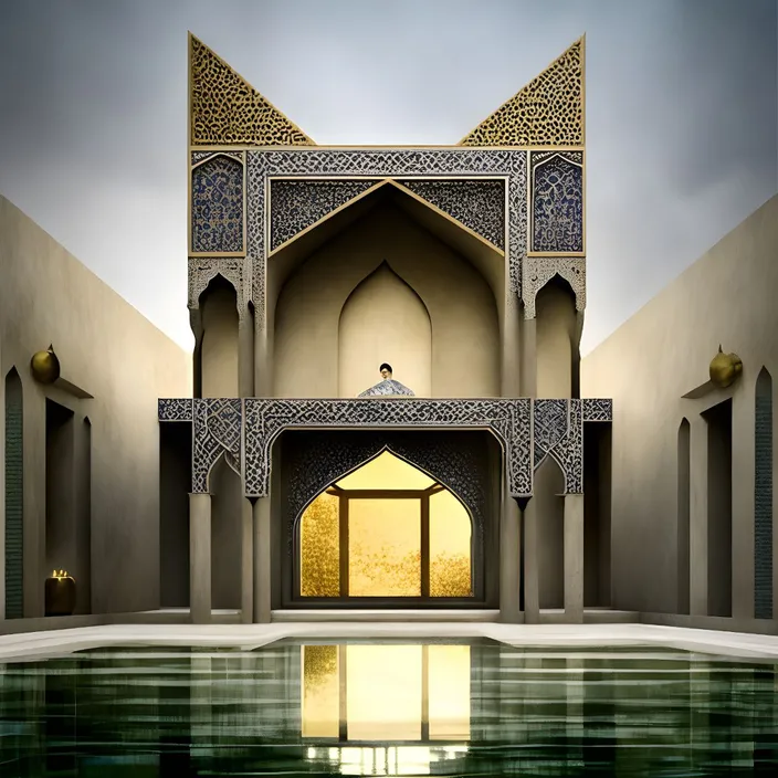 a building with a pool in front of it. Iranian architecture