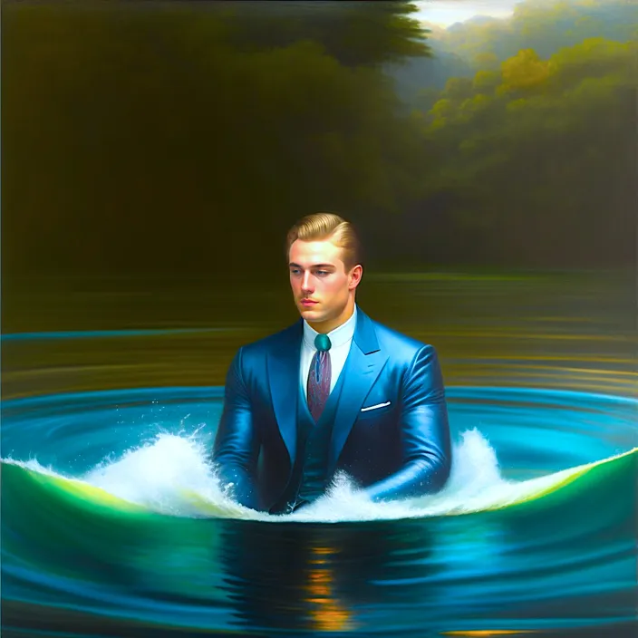 a painting of a man in a suit riding a surfboard