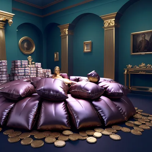 a pile of purple pillows sitting on top of a pile of gold coins