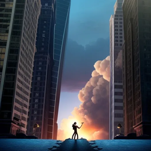 a man standing on top of a large body of water in front of tall buildings