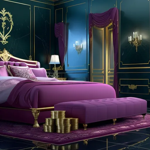 a bedroom with a purple and gold bed and a chandelier