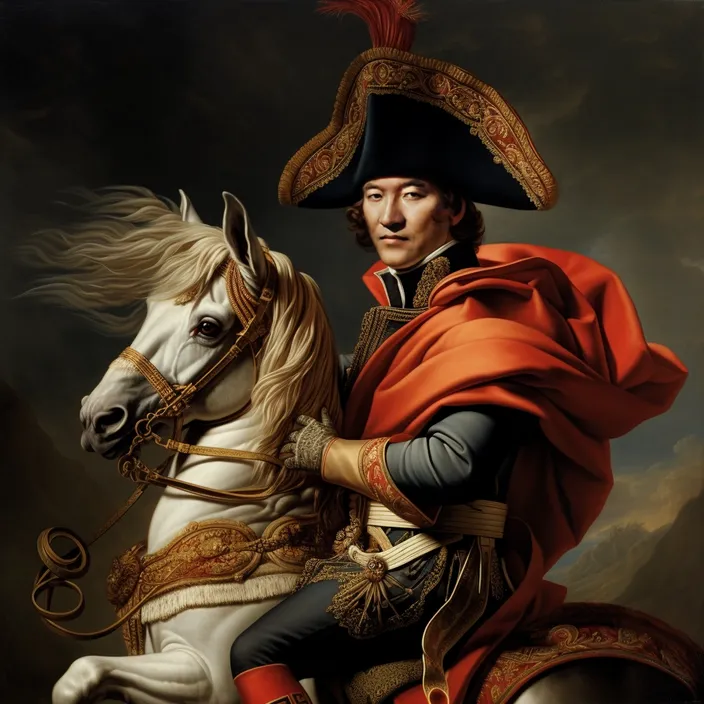 a painting of a man riding a white horse