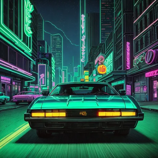 a car driving down a city street at night, cyberpunk aesthetic, neon lights. a car driving down a city street at night, cyberpunk aesthetic