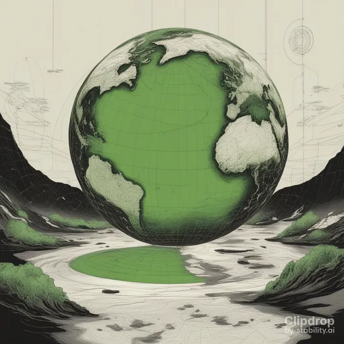 a drawing of a green earth with mountains in the background