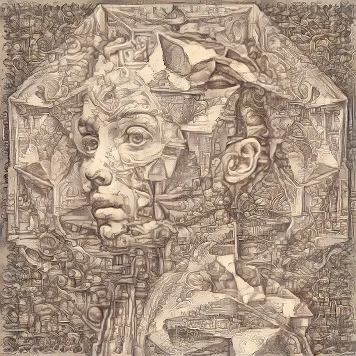 a drawing of a man's face with many things in the background