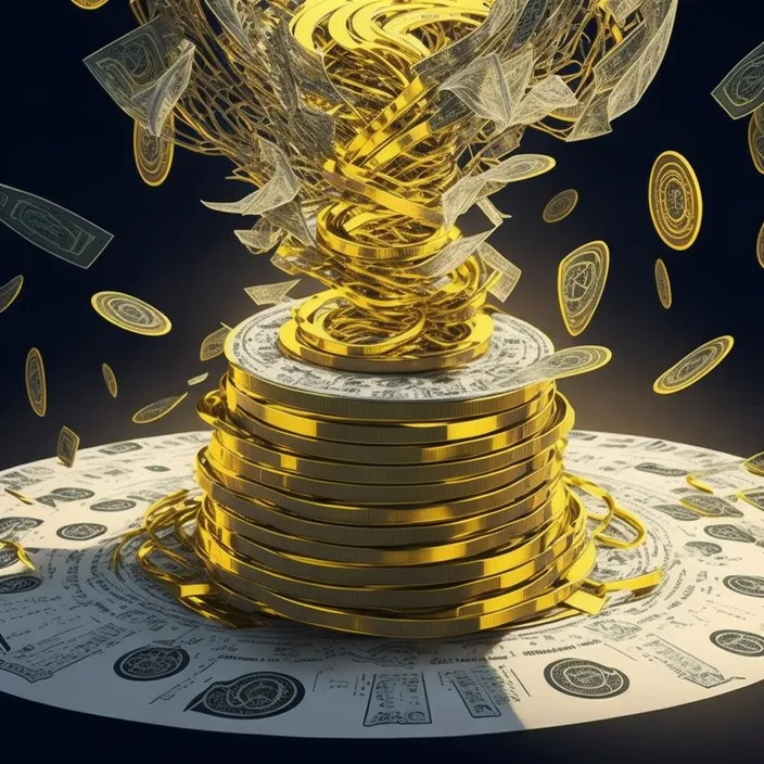 a stack of money with a golden trophy on top of it