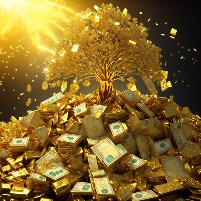 a pile of money with a tree on top of it