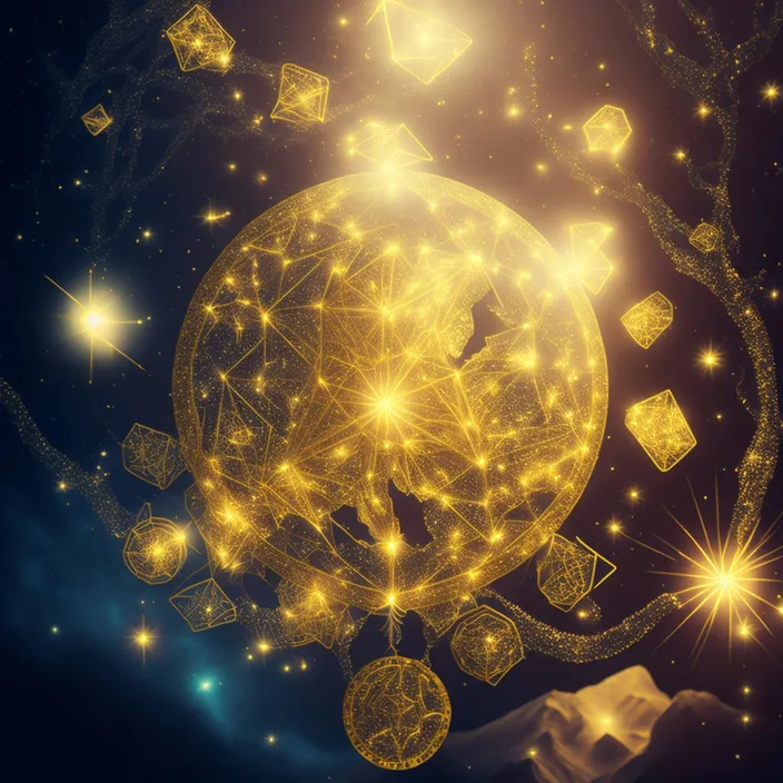 a golden ornament surrounded by stars and sparkles