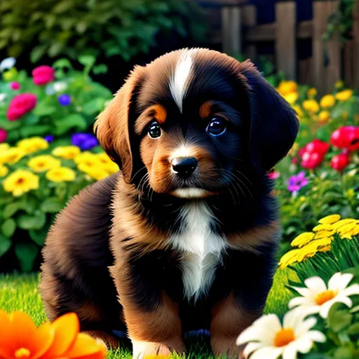 a puppy is sitting in a field of flowers