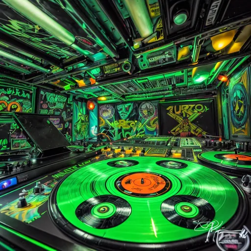 a room with a lot of "Vinyl" lights. vinyl turntable with a spinning green vinyl record