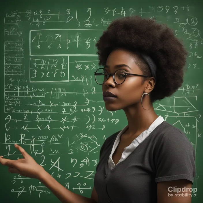 a woman in glasses standing in front of a chalkboard