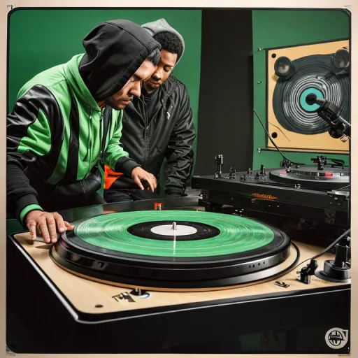 two men are looking at a record player