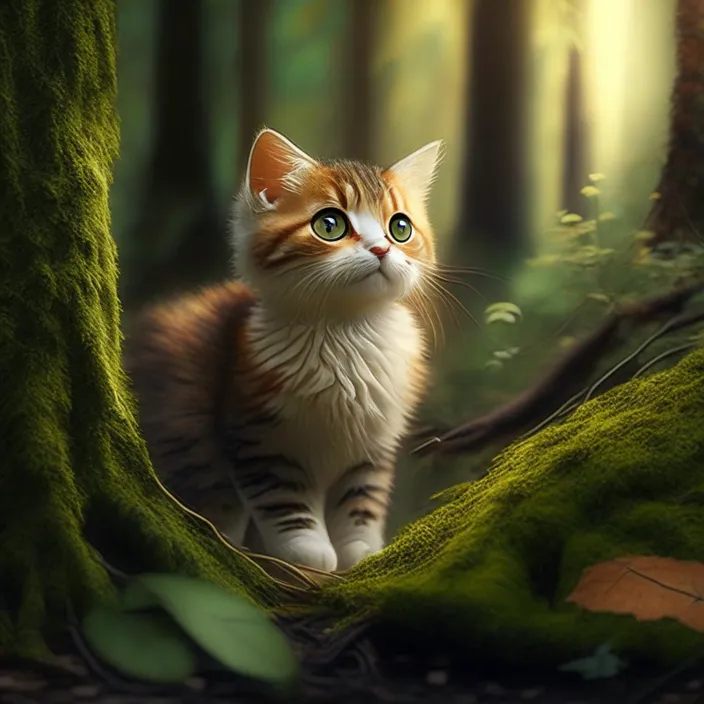 a painting of a cat walking through a forest