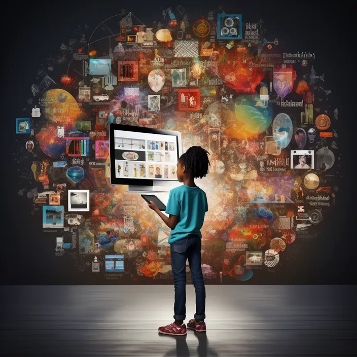 a little girl standing in front of a computer screen