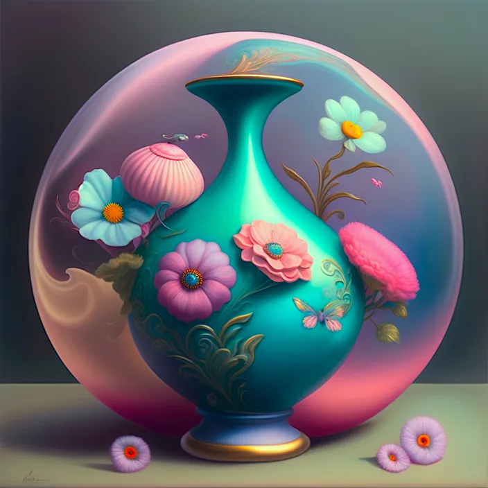 a painting of a blue vase with flowers in it