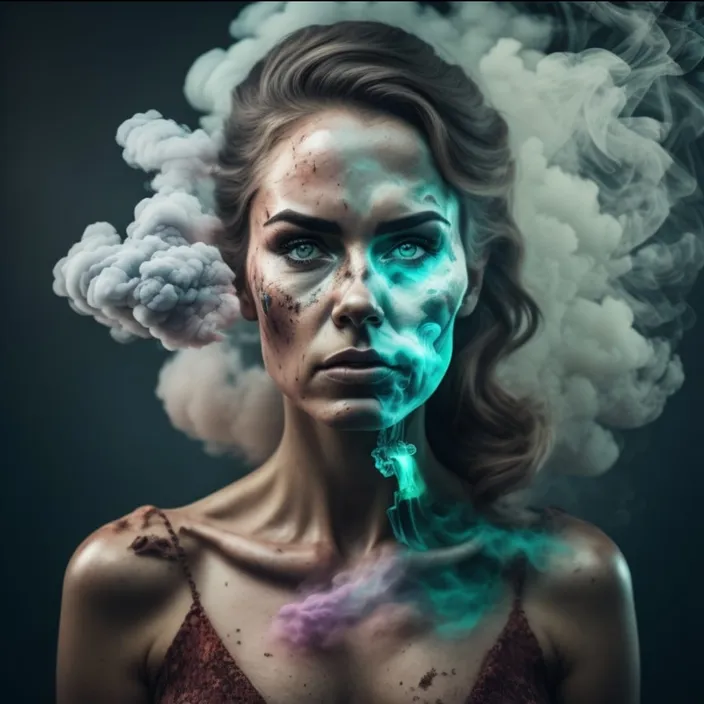 a woman with smoke coming out of her face