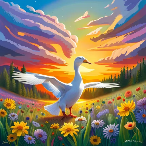 a painting of a duck in a field of flowers
