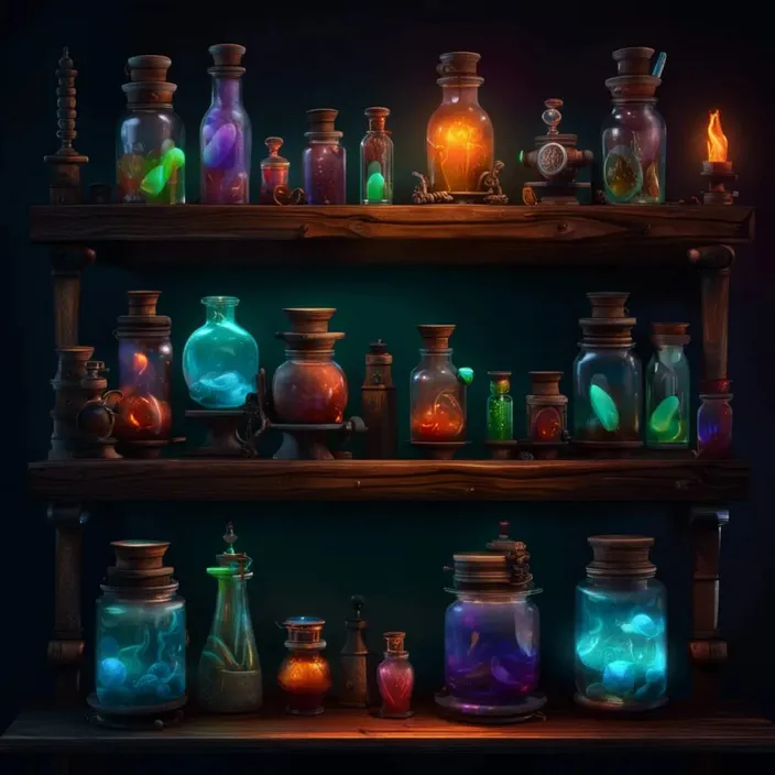 a shelf filled with lots of different colored jars