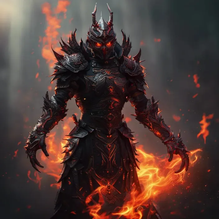 a demonic demon standing in front of a fire
