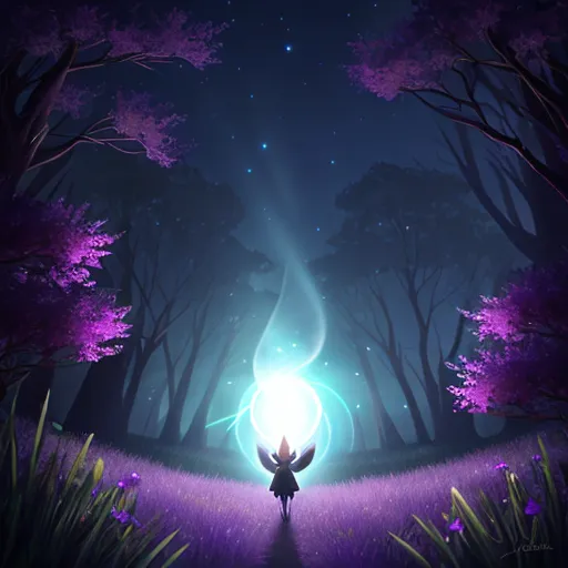 a person standing in the middle of a forest at night