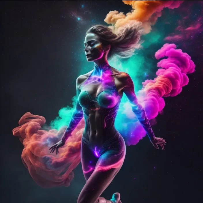 a woman in a bodysuit with colorful smoke