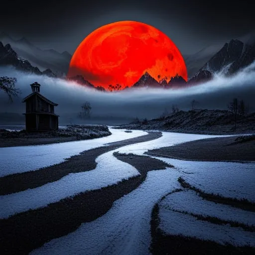 a red moon is seen over a snowy landscape