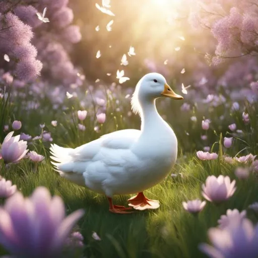 a white duck standing on top of a lush green field