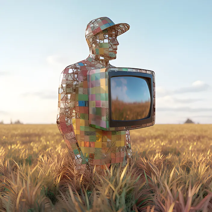 a man standing in a field with a tv in his hand