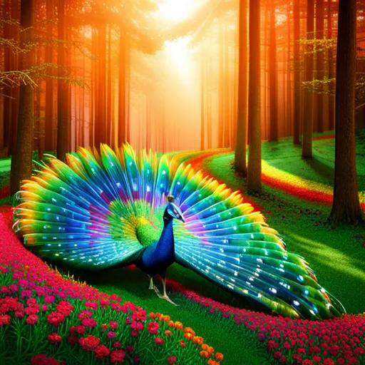 a colorful peacock standing in the middle of a forest