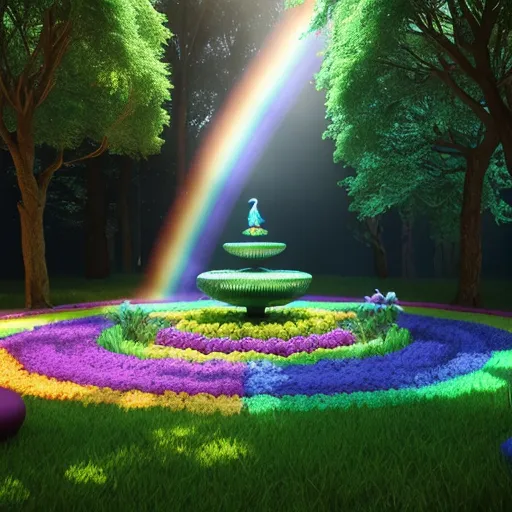 a garden with a rainbow fountain in the middle of it